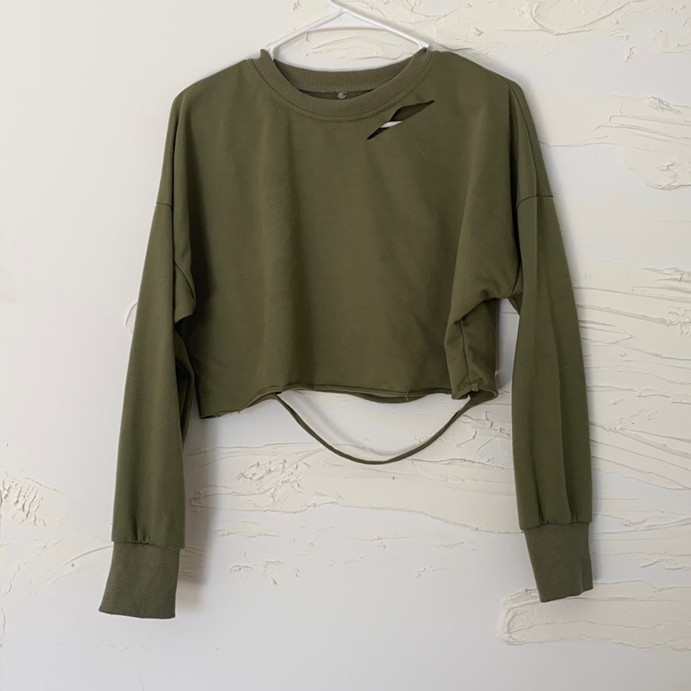 Olive green crop top distressed sweatshirt